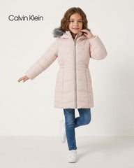 CALVIN KLEIN BLUSH PINK FAUX FUR HOODED LONG PUFFER COAT