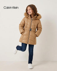 CALVIN KLEIN CAMEL BELTED FAUX FUR HOODED PUFFER JACKET