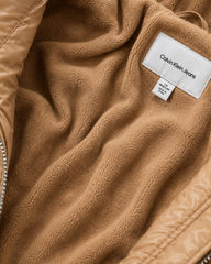 CALVIN KLEIN CAMEL BELTED FAUX FUR HOODED PUFFER JACKET