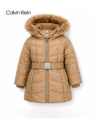 CALVIN KLEIN CAMEL BELTED FAUX FUR HOODED PUFFER JACKET