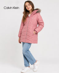 CALVIN KLEIN DUSTY PINK FAUX FUR HOODED LONG PUFFER COAT