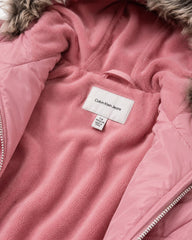 CALVIN KLEIN DUSTY PINK FAUX FUR HOODED LONG PUFFER COAT