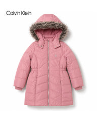 CALVIN KLEIN DUSTY PINK FAUX FUR HOODED LONG PUFFER COAT