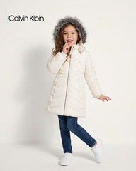 CALVIN KLEIN IVORY FAUX FUR HOODED LONG PUFFER COAT
