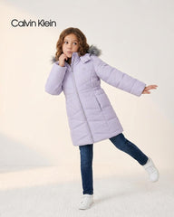 CALVIN KLEIN LAVENDER FAUX FUR HOODED LONG PUFFER COAT