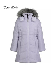 CALVIN KLEIN LAVENDER FAUX FUR HOODED LONG PUFFER COAT