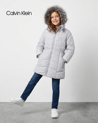 CALVIN KLEIN LIGHT GREY FAUX FUR HOODED LONG PUFFER COAT