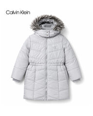 CALVIN KLEIN LIGHT GREY FAUX FUR HOODED LONG PUFFER COAT