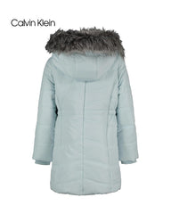 CALVIN KLEIN PASTEL CYAN FAUX FUR HOODED LONG PUFFER COAT