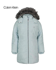 CALVIN KLEIN PASTEL CYAN FAUX FUR HOODED LONG PUFFER COAT