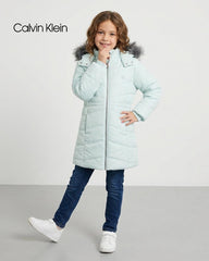 CALVIN KLEIN PASTEL CYAN FAUX FUR HOODED LONG PUFFER COAT