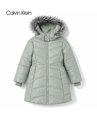 CALVIN KLEIN SAGE GREEN FAUX FUR HOODED LONG PUFFER COAT