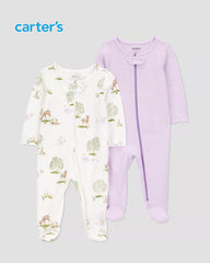 CARTERS 2 PACK FOREST FRIENDS & STRIPED SLEEP & PLAY ROMPER SET