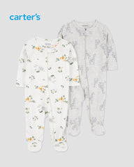 CARTERS 2 PACK SAFARI ANIMALS & GIRAFFE SLEEP & PLAY ROMPER SET