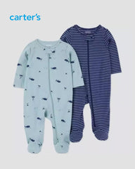 CARTERS 2 PACK WHALE & STRIPED SLEEP & PLAY ROMPER SET
