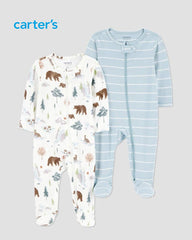 CARTERS 2 PACK WOODLAND BEAR & STRIPE BABY ROMPER SET