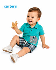 CARTERS 2 PCS ELEPHANT POLO T-SHIRT WITH PLAID SHORT SET