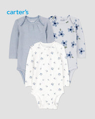 CARTERS 3 PACK BLUE FLORAL LONG SLEEVE COTTON BODYSUITS