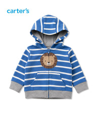 CARTERS 3 PCS BLUE STRIPED LION ZIP HOOD WITH TROUSER SET