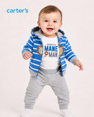 CARTERS 3 PCS BLUE STRIPED LION ZIP HOOD WITH TROUSER SET