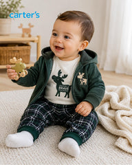 CARTERS 3 PCS GREEN ZIPPER HOODIE WITH PLAID TROUSER SET