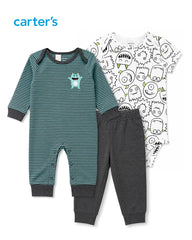 CARTERS 3 PCS MONSTER CHARACTER STRIPED ROMPER SET