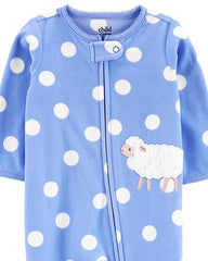 CARTERS BLUE POLKA DOT SHEEP FLEECE SLEEP & PLAY ROMPER