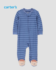 CARTERS BLUE STRIPED BEAR FOOTED ZIP UP ROMPER