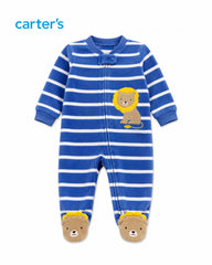 CARTERS BLUE STRIPED LION FLEEVE FOOTIE SLEEP & PLAY ROMPER