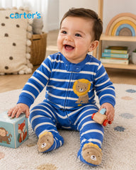 CARTERS BLUE STRIPED LION FLEEVE FOOTIE SLEEP & PLAY ROMPER