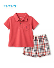 CARTERS CORAL 2 PCS POLO T-SHIRT WITH PLAID SHORT SET