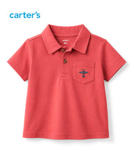 CARTERS CORAL 2 PCS POLO T-SHIRT WITH PLAID SHORT SET
