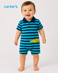 CARTERS JUST ONE YOU TEAL & NAVY STRIPED ALLIGATOR POLO ROMPER