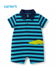 CARTERS JUST ONE YOU TEAL & NAVY STRIPED ALLIGATOR POLO ROMPER