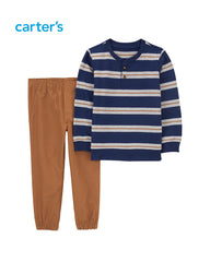 CARTERS NAVY BROWN STRIPED HENLEY TEE & JOGGER SET