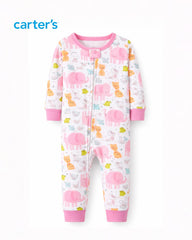 CARTERS PINK ELEPHANT PRINT ZIP UP ROMPER