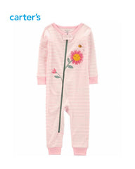 CARTERS PINK STRIPED FLOWER ZIP UP ROMPER