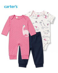 CARTERS PRINCESS DINO JUMPSUIT, BODYSUIT WIHT TROUSER 3 PCS SET