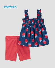 CARTERS TODLERS 2 PCS STRAWBERRY SMOCKED TAN AND BIKE SHORT SET