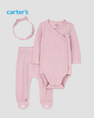 CARTERS WAFFLE KNIT 3 PACK TOP & BOTTOM WITH HEADBAND