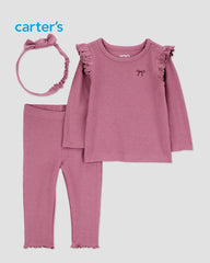 CARTERS WAFFLE KNIT OURFIT 3 PACK - RUFFLE SHOULDER TOP, LEGGING WITH HEADBAND