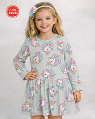 COOL CLUB GREY LONG SLEEVE UNICORN PRINTED DRESS