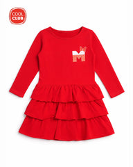COOL CLUB RED LAYERED RUFFLE LONG SLEEVE DRESS