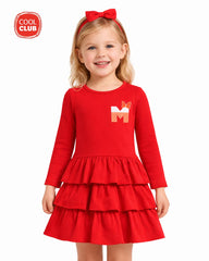 COOL CLUB RED LAYERED RUFFLE LONG SLEEVE DRESS