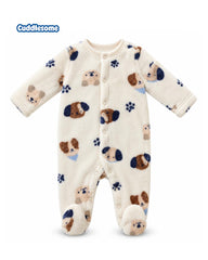 CUDLESOME PUPPY PRINT PLUSH FLEECE ROMPER