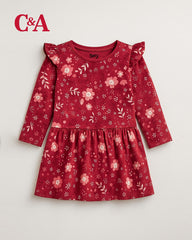 C&A MAROON FLORAL PRINT FRILL SLEEVE DRESS