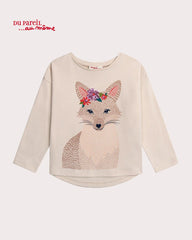 DU PARIEL ECRU LONG SLEEVE T-SHIRT WITH SEQUINED FOX DESIGN