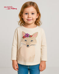 DU PARIEL ECRU LONG SLEEVE T-SHIRT WITH SEQUINED FOX DESIGN