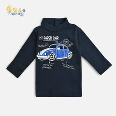 FAGOTTINO DARK BLUE PAPER CAR PRINTED HIGH NECK T-SHIRT
