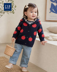 GAP NAVY APPLE PRINT HOODED KNIT CARDIGAN